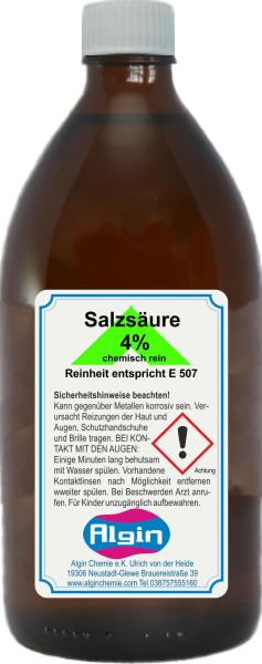Salzsäure 4% chemisch rein 500ml Glasflasche - Reinheit entpricht E 507